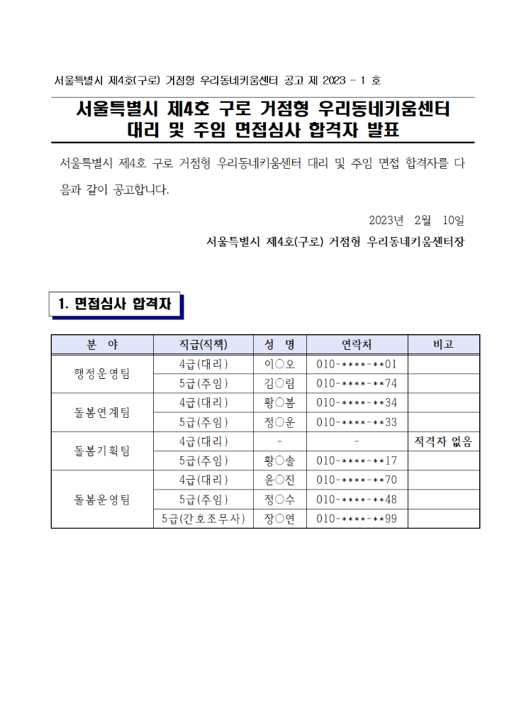 제4호(구로)거점형 우리동네키움센터 대리 및 주임 면접 합격자 공고문001.png